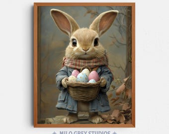 Encantadora ilustración de un conejito de Pascua con cesta y huevos, decoración acogedora para la primavera (descarga digital).