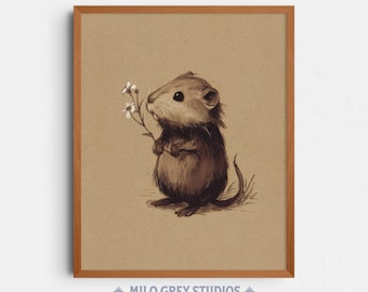 Vintage Mouse Sketch, Cottagecore Wildflower Art, Rustic Sepia Drawing (Digital Download) 352