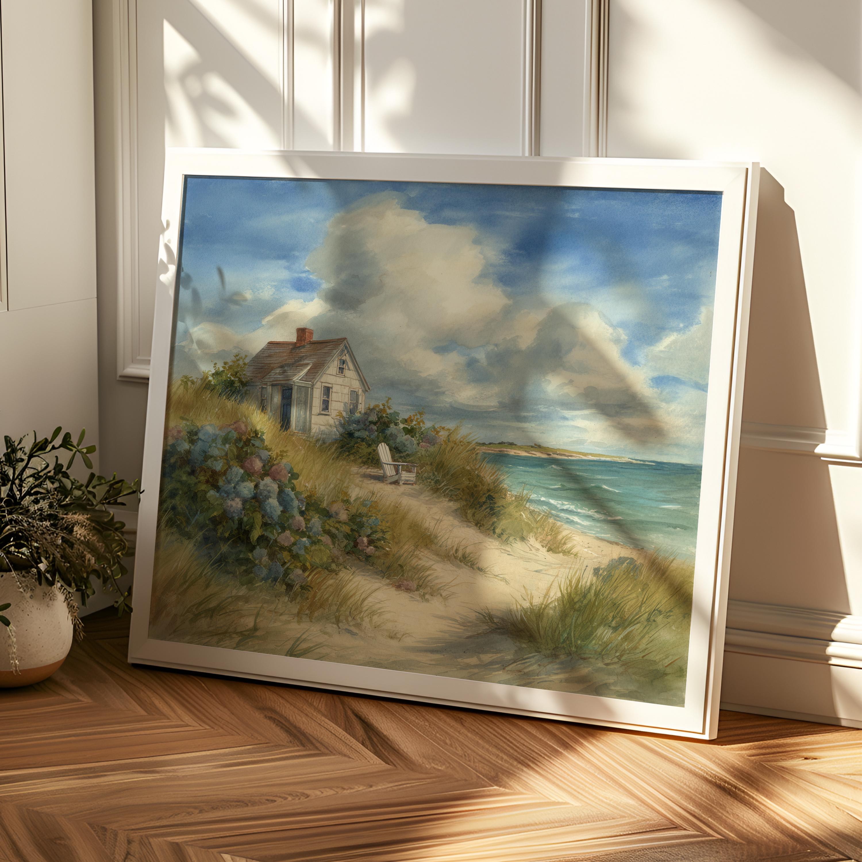 Cottage by the Sea Landscape, Coastal Watercolor Beach Art, Serene ...