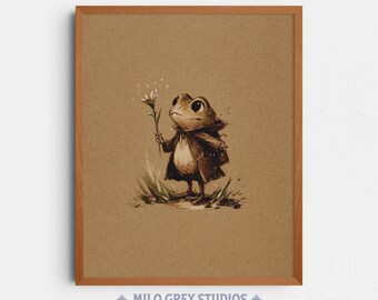 Anthropomorphic Frog with Daisy, Cottagecore Watercolor Illustration (Digital Download) 354
