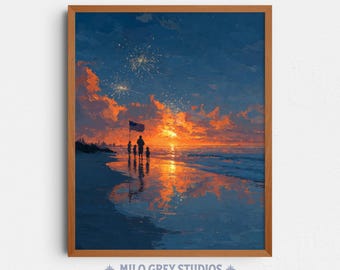 American Flag Beach Sunset Scene, July 4th Patriotic Digital Art (Digital Download) 375