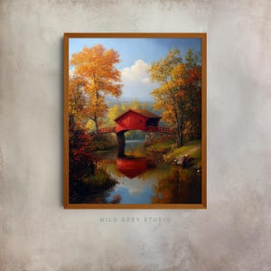 Rustic Autumn Bridge Painting - Idyllic Fall Landscape Art, Printable Vintage Cottagecore Decor, Earthy Scene with Red Bridge and Trees 45