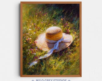 Straw Hat with Blue Ribbon in Green Meadow, Impressionist Style Art (Digital Download) 367