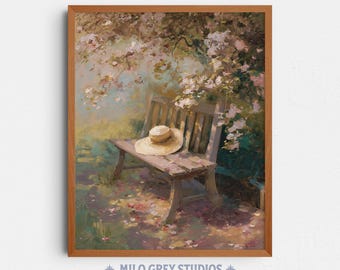 Weathered Garden Bench Painting, Cottagecore Vintage Decor with Sunhat (Digital Download) 371