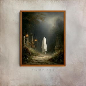 Spooky Ghost in Moonlit Forest - Gothic Halloween Wall Art, Mysterious Sheet Ghost Scene, Printable Dark Decor, Eerie Digital Painting 13