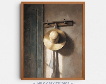 Rustic Farmhouse Hat and Scarf Painting, Vintage Cozy Wall Art (Digital Download) 373