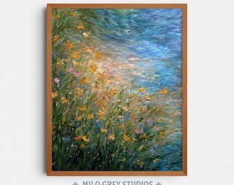 Sunlit Wildflower Meadow at Water's Edge, Serene Landscape Art (Digital Download) 361