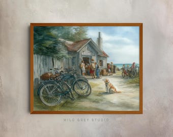 Rustic Cottage Scene with Bicycles - Printable Vintage Watercolor Art, Coastal Cottage Decor, Leisurely Summer Day, Countryside Print 110