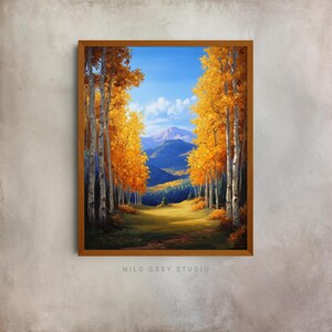 Autumn Forest Path Oil Painting - Rustic Fall Landscape, Impressionistic Mountain Scene, Tree-Lined Pathway, Printable Wall Art Decor 51