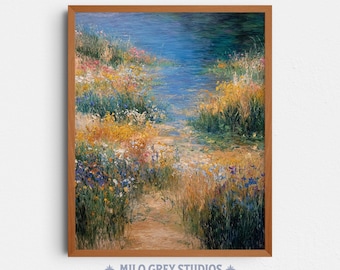 Impressionist Landscape with Wildflower Path and Calm Pond Painting (Digital Download) 362