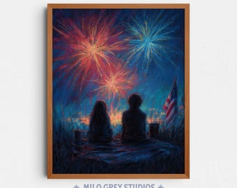 Children Watching Fireworks, July 4th Independence Day Art (Digital Download) 376