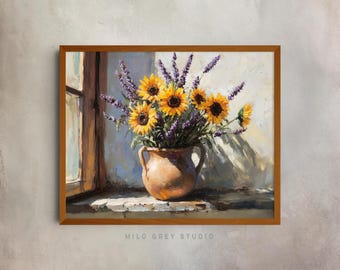 Rustikale Sonnenblumen und Lavendel im Tonkrug - Cottagecore Sommer-Wanddekor, druckbare Vintage Blumenkunst, erdige Landhausstil Malerei 49