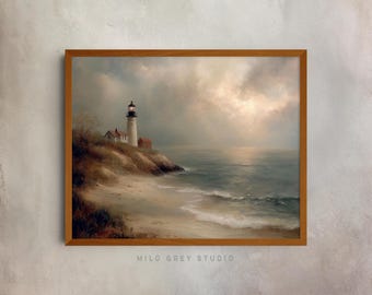May include: A framed landscape painting depicts a lighthouse on a cliff overlooking the ocean. The artwork features a muted color palette with a cloudy sky and soft waves. The frame is a warm brown color. The text "MILO GREY STUDIO" is at the bottom.