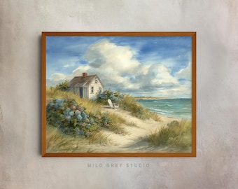 Cottage by the Sea Printable - Coastal Landscape Watercolor Art, Rustic Seaside Decor, Classic Beach House View, Vintage Art Print 85