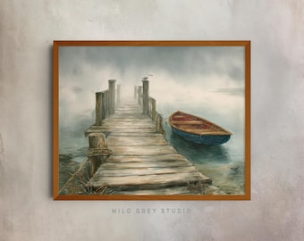 Moody Watercolor Dock Painting - Rustic Wooden Pier, Tranquil Lakeside Scene, Misty Atmosphere, Printable Wall Art Decor, Vintage Style 79