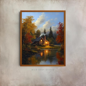 Rustic Autumn Cabin by the Lake - Peaceful Fall Landscape Painting, Cozy Cottage, Colorful Leaves, Printable Wall Art, Seasonal Decor 46