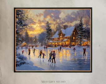 Winter Ice Skating Painting, Rustic Christmas Art, Cozy Seasonal Decor (Digital Download) 286