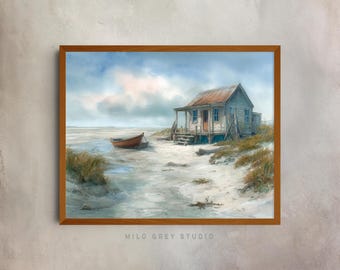 Pintura rústica de paisaje costero: escena costera vintage, arte mural en acuarela, decoración costera encantadora, obra de arte imprimible 93