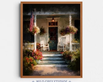 Patriotic Front Porch Painting, Vintage 4th of July Art with American Flag (Digital Download) 378
