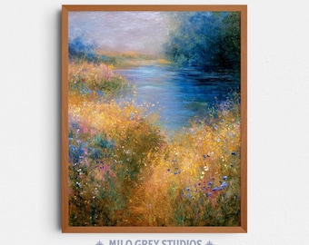 Sunlit Wildflower Meadow and Calm River, Impressionist Cottagecore Art (Digital Download) 360