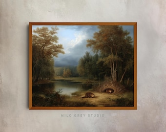 Lago rustico con castori, dipinto paesaggistico vintage, arte murale in stile cottagecore (download digitale) 28