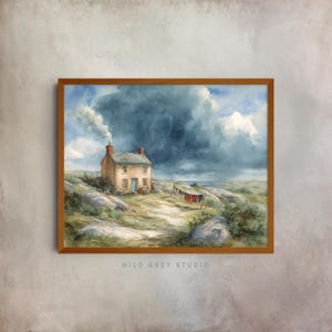 Rustic Cottage on Hillside - Moody Landscape Painting, Printable Wall Art, Vintage Storm Scene, Cottagecore Decor, Digital Art Print 91