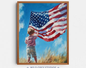 Child Holding American Flag Art, July 4th Independence Day Scene (Digital Download) 383