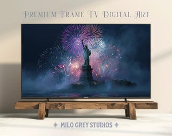 May include: A flat-screen TV displays a digital artwork of the Statue of Liberty with a fireworks display. The TV is mounted on a rustic, wooden stand. The text "PREMIUM FRAME TV DIGITAL ART" and "MILO GREY STUDIOS" are visible.