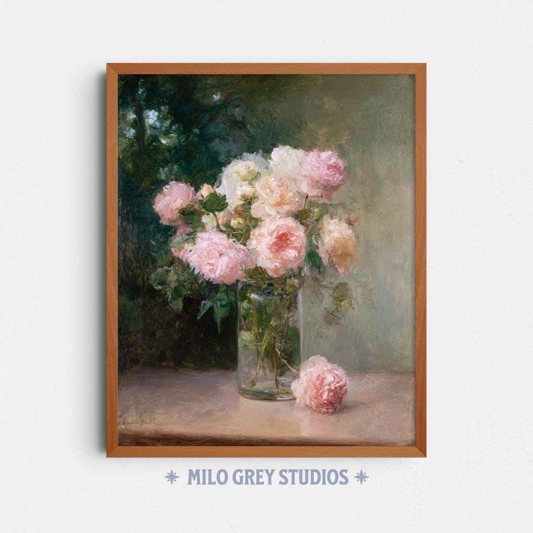 Romantic Bouquet of Pink and Ivory Roses Still Life, Vintage Floral Art ...