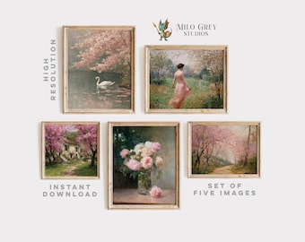 Vintage Spring Pastel Floral & Cottagecore Art Set of 5: Romantic Wall Decor (Digital Download)