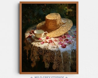 Cottagecore Still Life with Straw Hat and Teacup Painting (Digital Download) 364