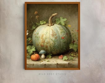 Zucca autunnale rustica con delicate incisioni botaniche - Arte murale Cottagecore, decorazioni autunnali vintage, dipinto stampabile con scena del raccolto 61