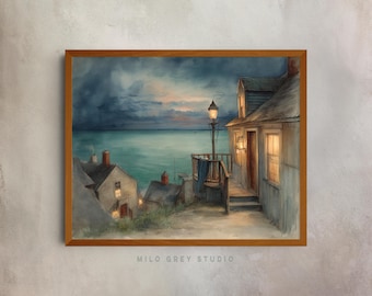 Romantic Seaside Cottage at Dusk - Moody Watercolor Art Print, Cottagecore Coastal Scene, Summer Night Wall Art, Printable Decor 81