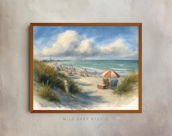 Escena de playa costera con familias: arte mural imprimible de verano, paisaje oceánico en acuarela, sombrillas de playa, decoración de cabaña junto al mar 89