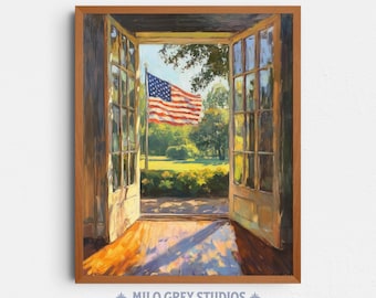 Sunlit French Doors with Waving American Flag, Patriotic July 4th Art (Digital Download) 379