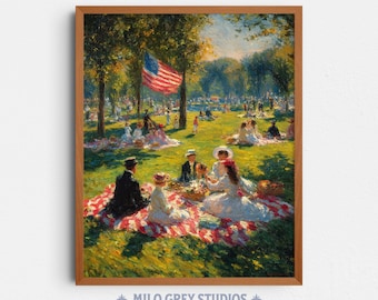 Patriotic Family Picnic Painting, July 4th American Flag Art Scene (Digital Download) 374