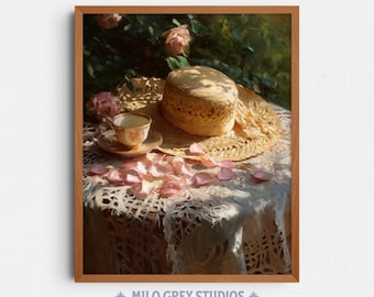 Straw Hat and Roses Still Life, Vintage Cottagecore Wall Art (Digital Download) 365