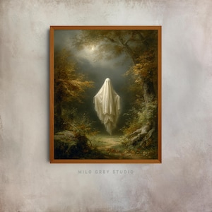Spooky Ghost in Enchanted Forest - Printable Halloween Wall Art, Mystical Sheet Ghost Decor, Vintage Style, Autumn Haunted Scene 14