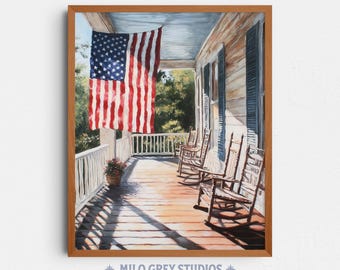 American Flag Front Porch Painting, July 4th Patriotic Wall Art (Digital Download) 380