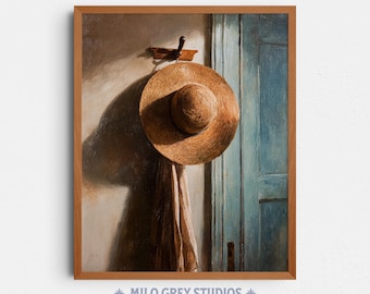 Straw Sun Hat and Scarf Art, Cozy Rustic Cottagecore Farmhouse Decor (Digital Download) 372