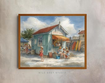 Escena de verano vintage con niños jugando: acuarela estilo cabaña, arte mural rústico de pueblo, decoración nostálgica imprimible (86)