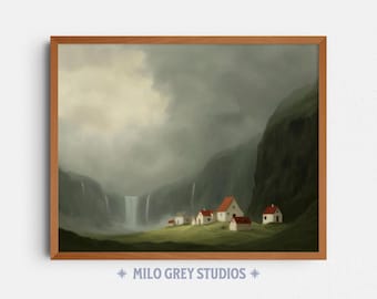 Moody Village in Misty Cliffs, Serene Red-Roofed Landscape Painting (Digital Download) 310