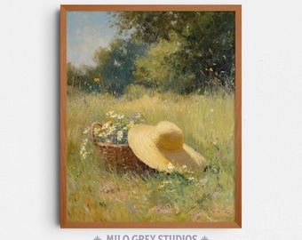 Straw Hat in Meadow with Daisies, Impressionist Summer Painting (Digital Download) 370