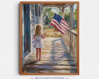 July 4th Americana Art, Young Girl with American Flag on Porch (Digital Download) 381
