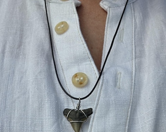 May include: A necklace featuring a dark, triangular shark tooth pendant wrapped in thin silver-toned wire. The pendant hangs from a simple, smooth black cord. The shark tooth has a dark brown, weathered top section and a lighter, pointed tip.