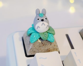 Totoro Artisan Keycap with Leaf | Handmade Polymer Clay, Ghibli-Inspired