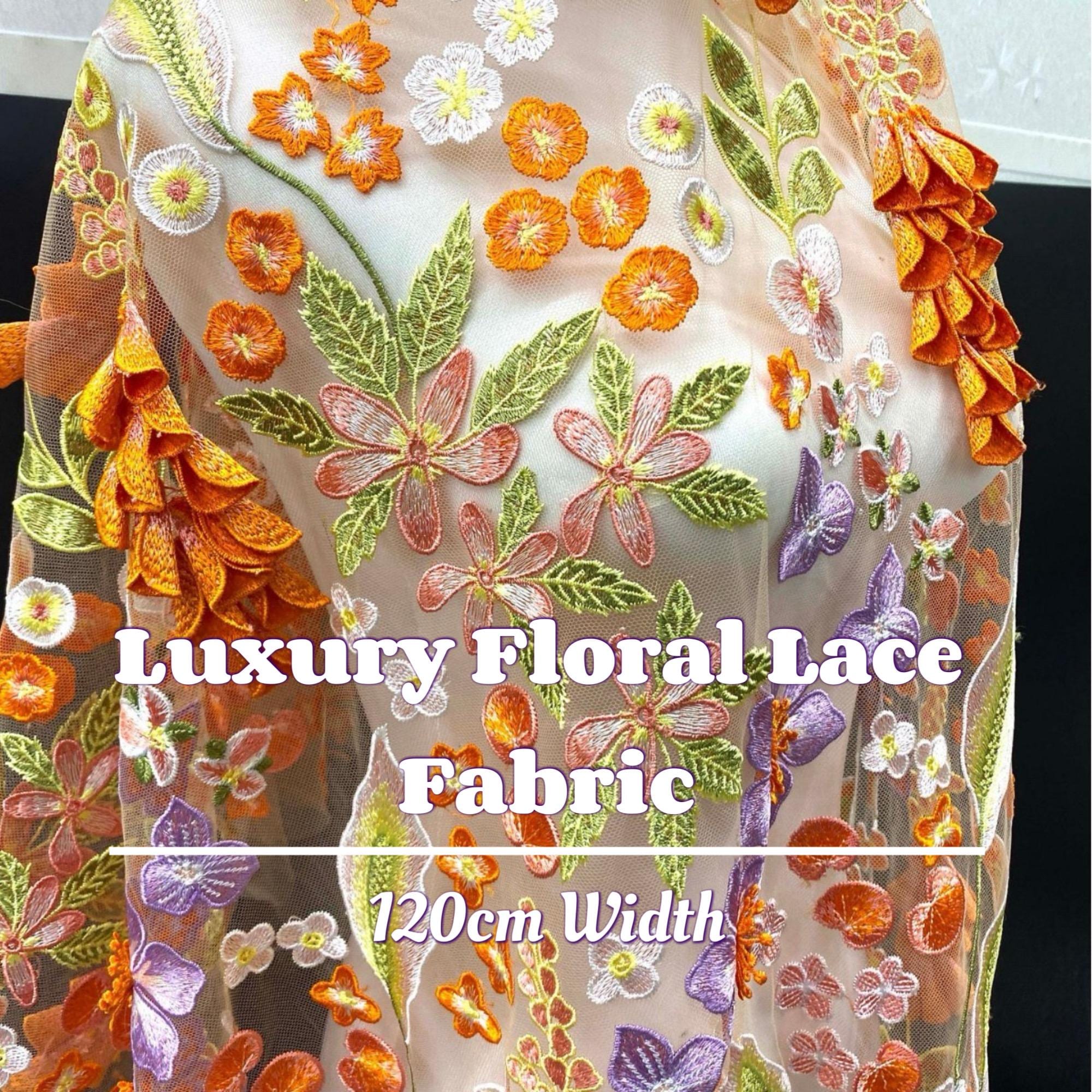 Orange & Purple 3D Embroidered Tulle – Luxury Floral Mesh Lace Fabric for Gowns, Cushions, Costume Design, Festival or Bridal Projects