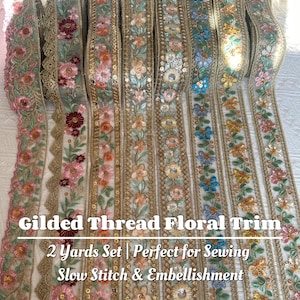 2 Yards | Sequin Embroidered Lace Trim – Gold Floral Ribbon | Vintage Style Appliqué Border for Sewing, Costume & Decor Crafts