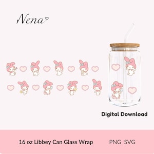 May include: A clear 16 oz Libbey can glass wrap with a wooden lid and a straw. The glass is decorated with pink cartoon characters and hearts. The words "Nena" and "Digital Download" are also visible.
