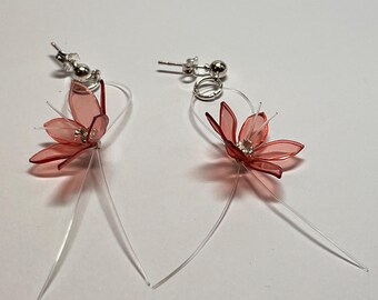 Recycled Plastic Bottle Flower Earrings, Sterling Silver Studs, Pink Dangle Jewelry.